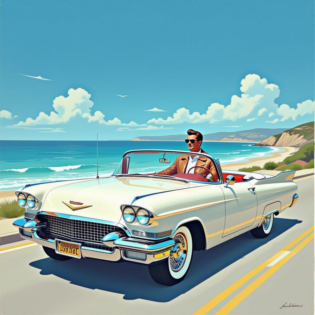 White 1959 Cadillac Eldorado Convertible on Coastal Road