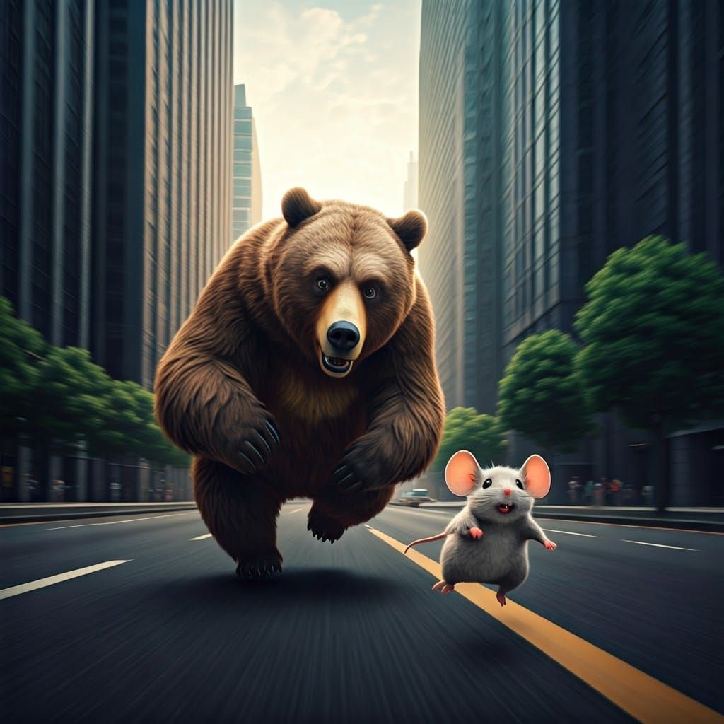 Brown Bear Chases Mouse Through Bustling City Streets