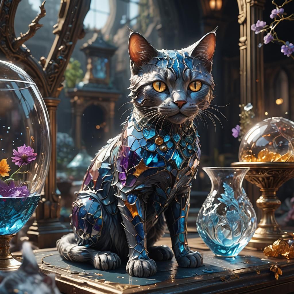 Detailed Glass Cat Fantasy Concept Art