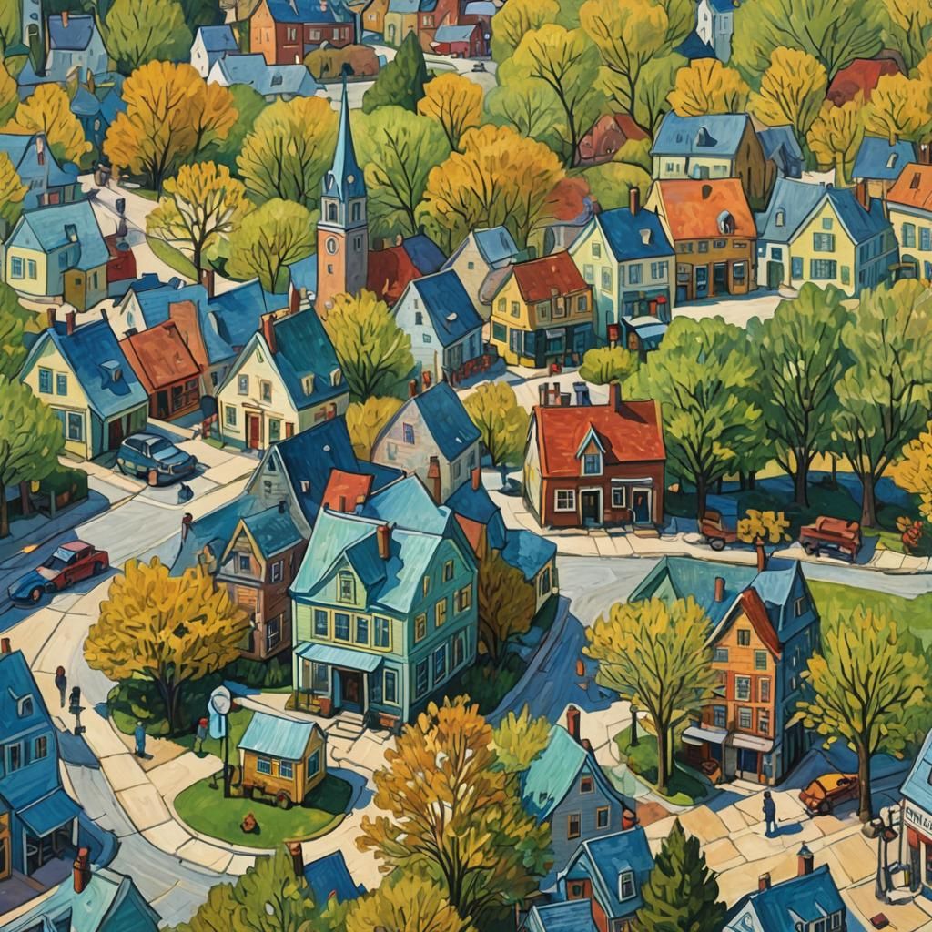New England Town Square in Van Gogh Style