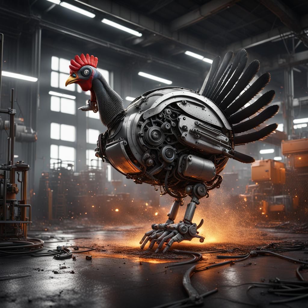 Robot turkey at work, industrial setting, machinery, sparks ...