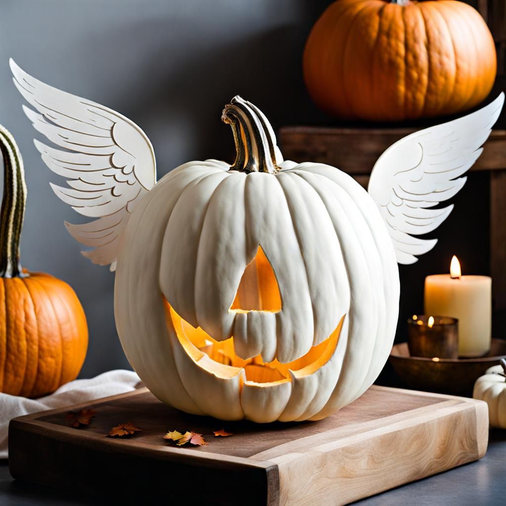A white pumpkin with angel wings cut out of the face of the pumpkin