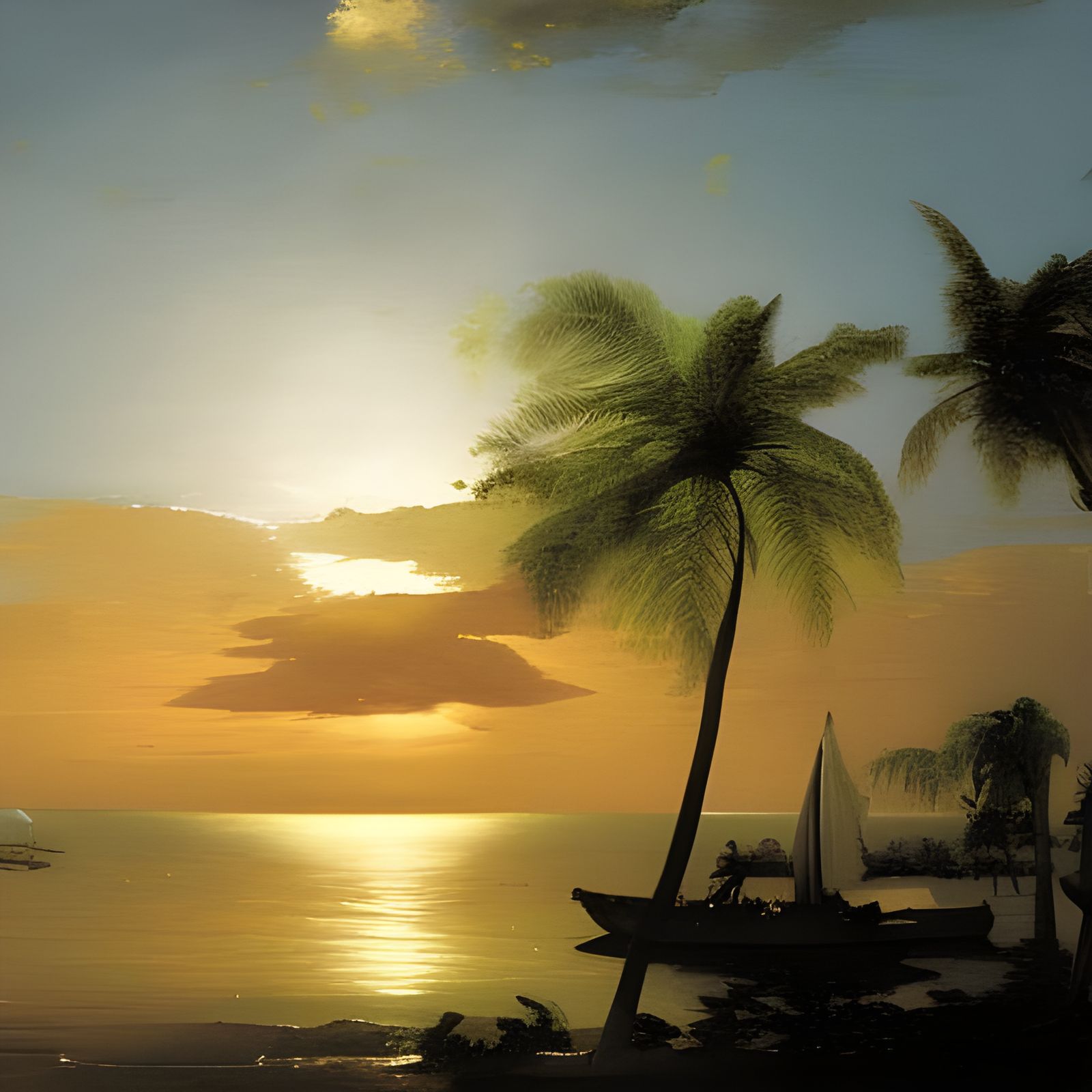 Caribbean Sunrise Watercolor Painting with Palm Trees