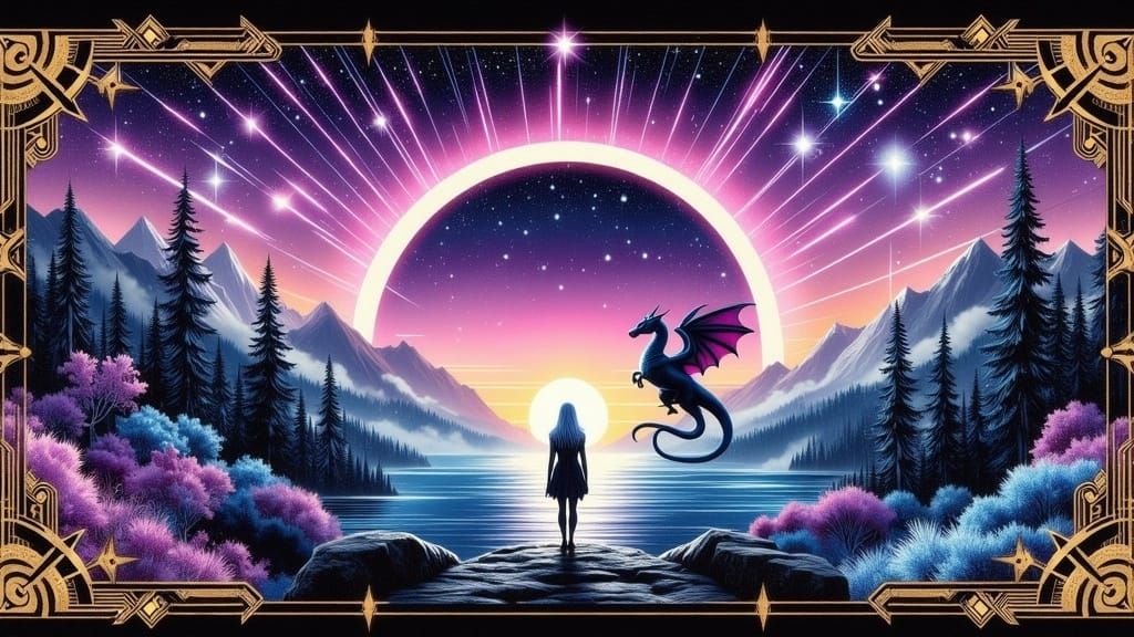 Enchantress Overlooks Luminous Portal in Mixed Media