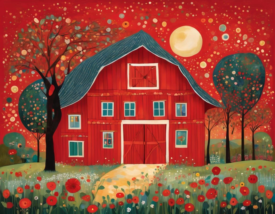 Magical Realism Red Barn Inspired by Klimt