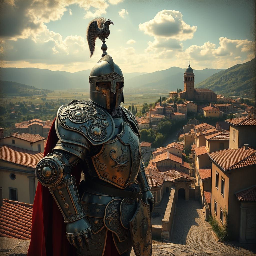 Renaissance Knight Overlooks Italian Village
