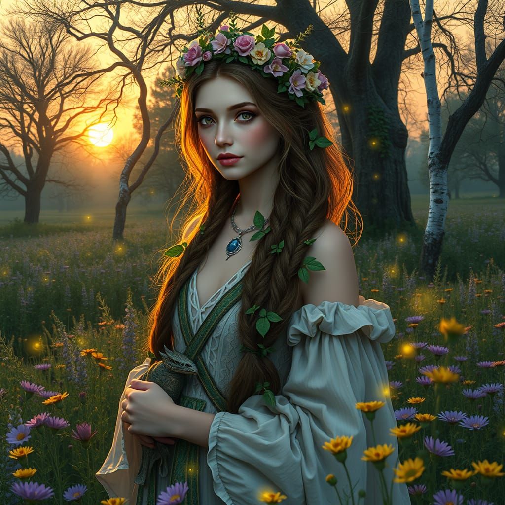 Celtic Maiden in Mystical Twilight Meadow