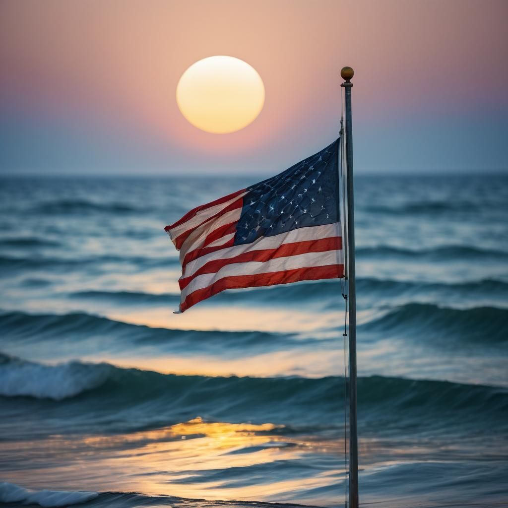 Ocean Flag with Moon in Golden Hour Light