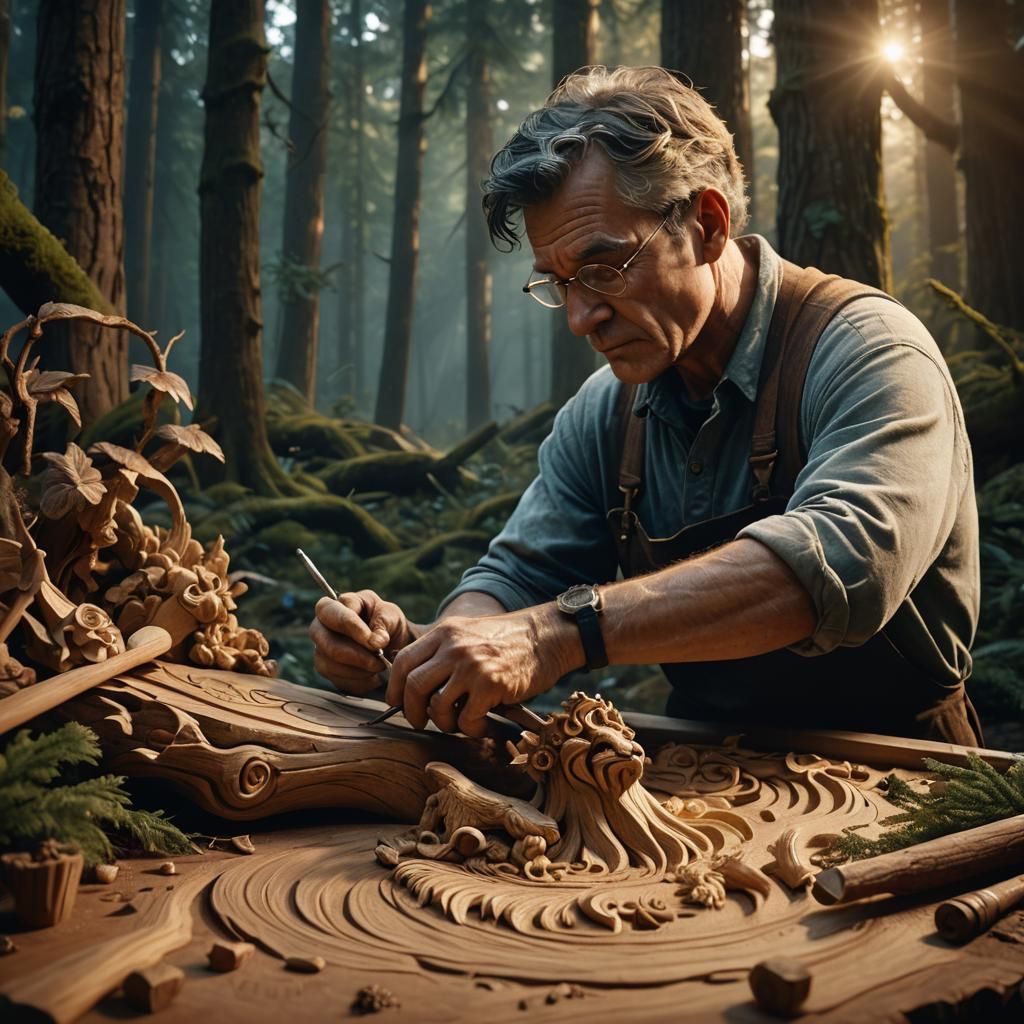 Mystical Wood Carver's Workshop in Matte Painting Style