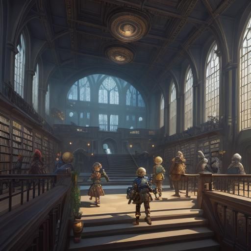 Children in Modern Library: Detailed Matte Painting