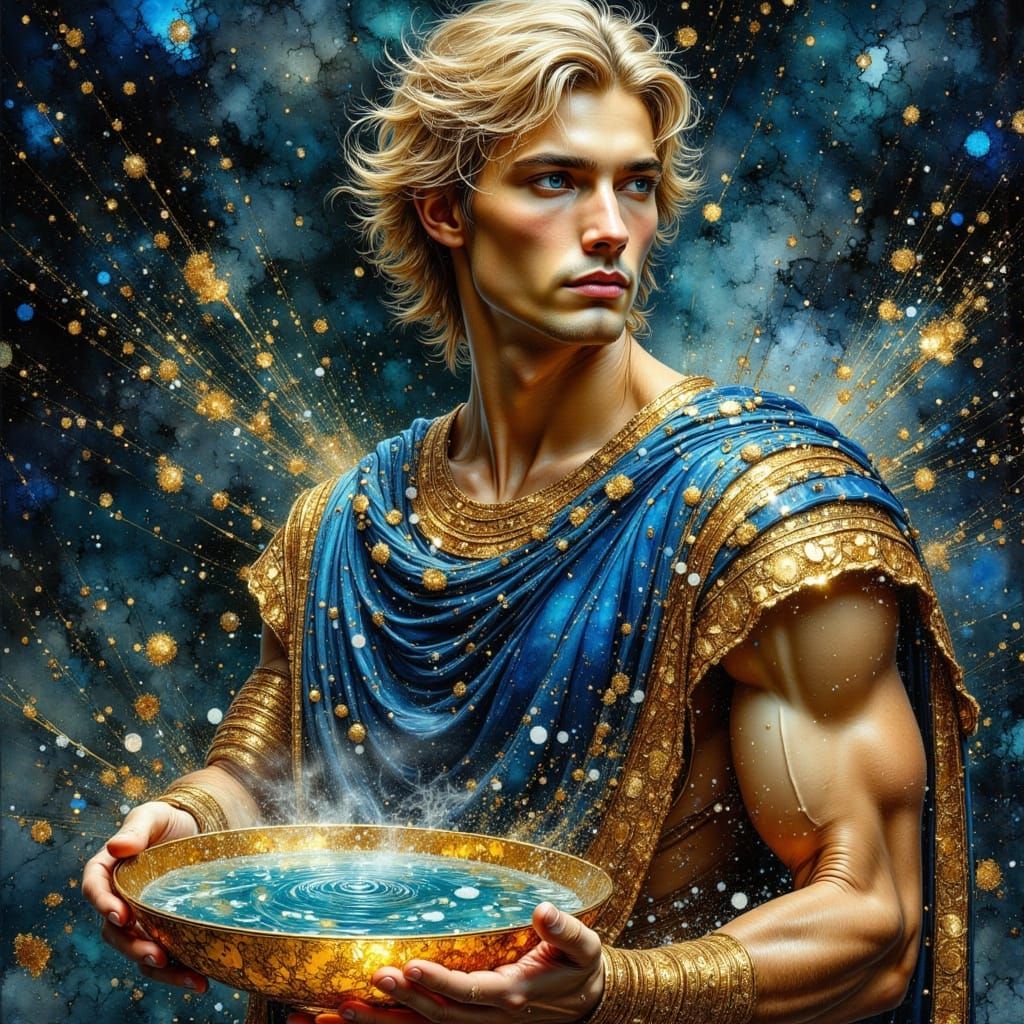 Man with Golden Bowl in Atmospheric Digital Art