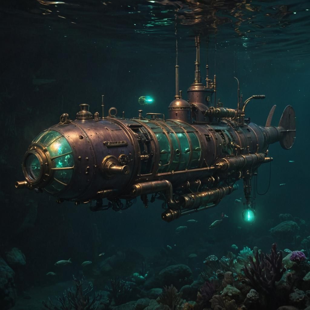 Steampunk-U-Boot, das unter Wasser an biolumineszenten Meereskreaturen vorbeifährt