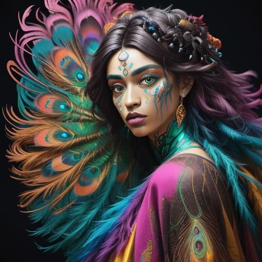 Peacock Feather Woman Portrait in Abstract Expressionism