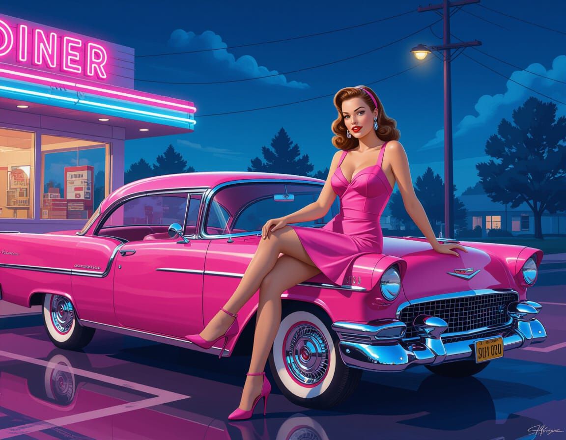 Retro Pin-Up Girl in Vintage Chevrolet, Film Noir Style