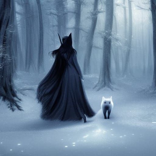 Winter Witch and Arctic Fox in Forest