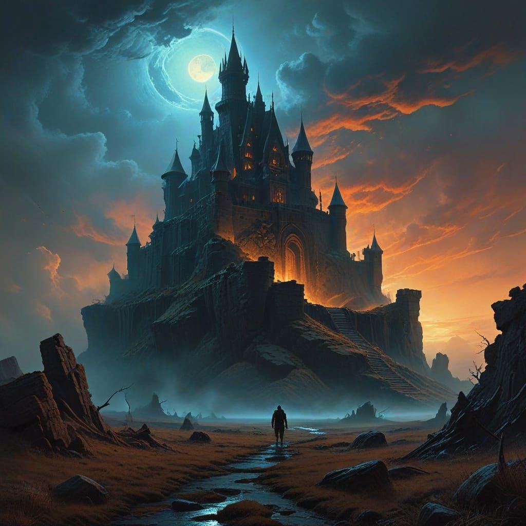 Ancient Castle on Alien Planet Under Nebula Sky