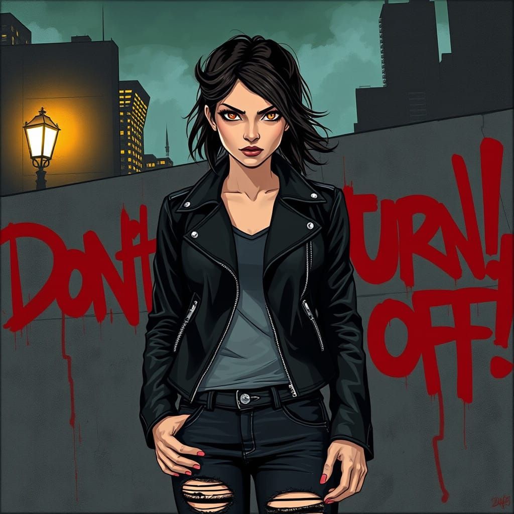 Rebel Woman Faces City Graffiti with Fierce Determination