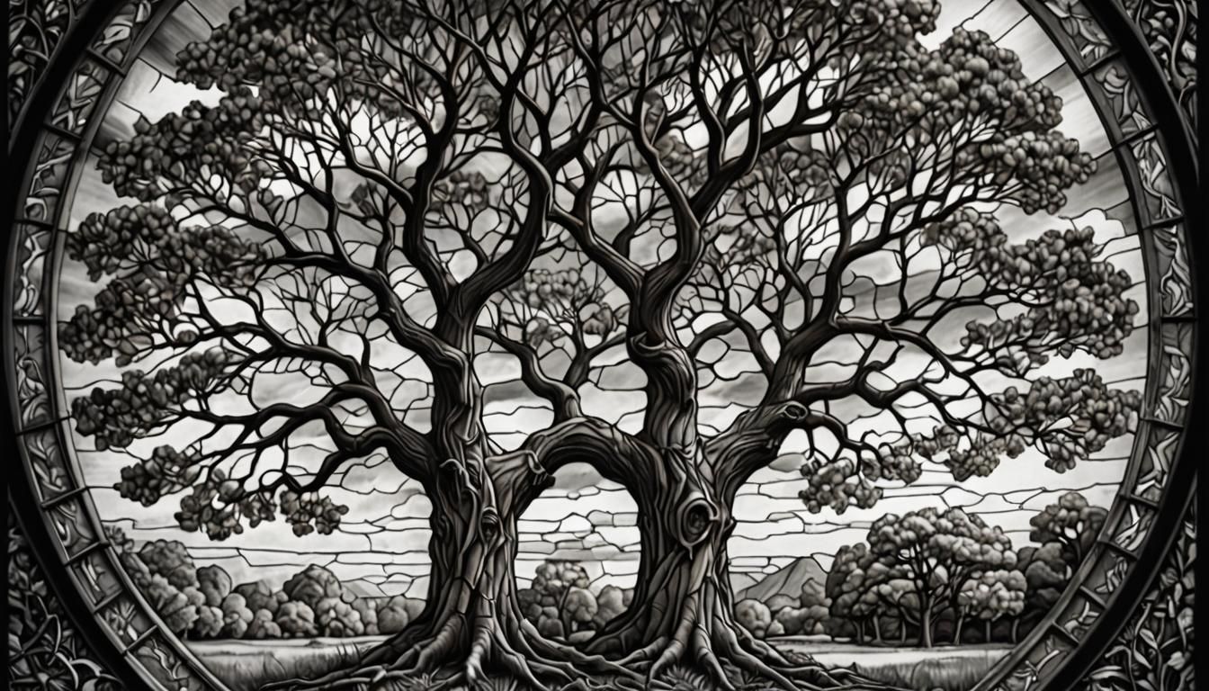 Hyperdetailed Charcoal Stained Glass Tree