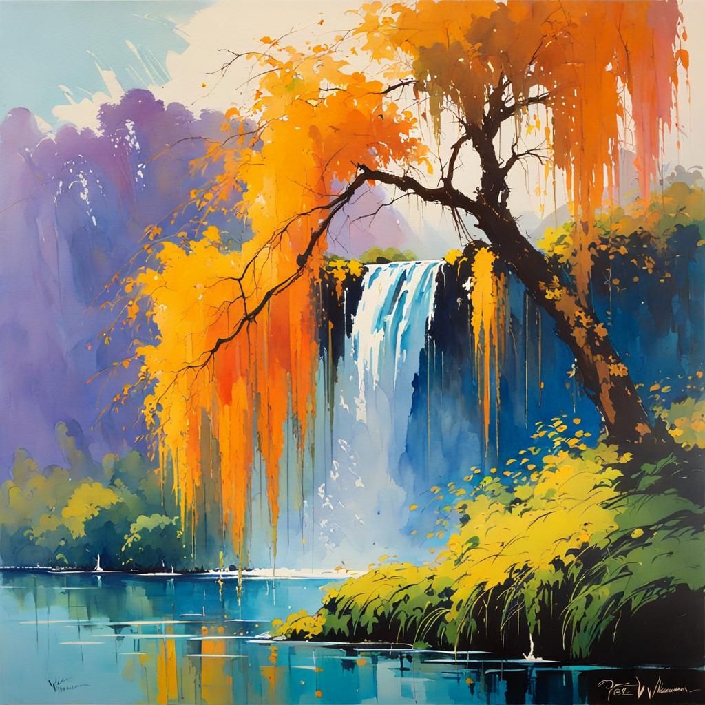Weeping Willow Waterfall Wonderland in Watercolor Style