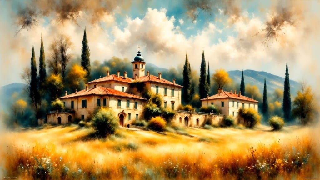 Grandiose Italian Villa with Red Tile Roofs in Meadow