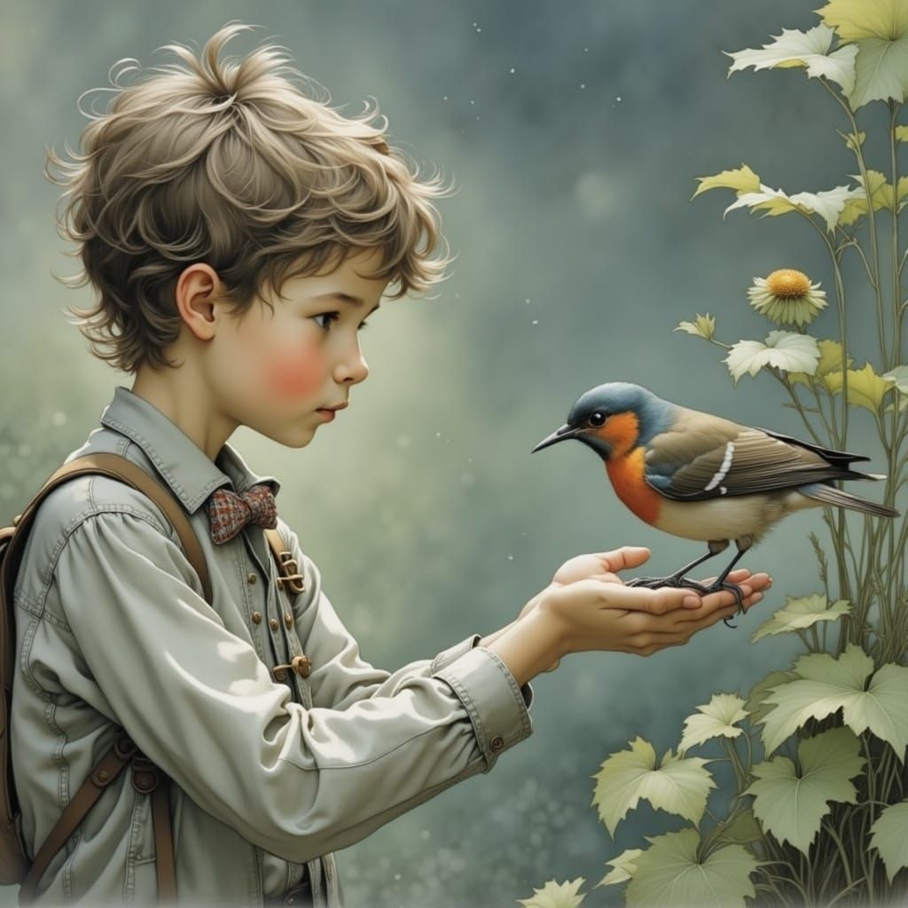 Father Teaches Young Son About Nature with a Gentle Bird per...