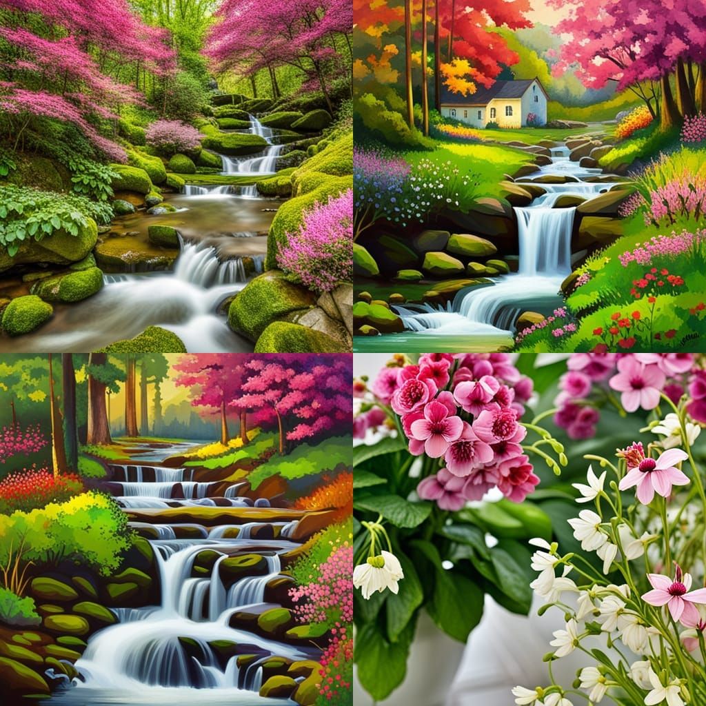 Enchanting Secret Garden with Blossoms and Brook