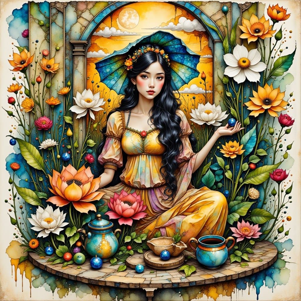 Mystical Watercolor Landscape with Vibrant Ink Accents