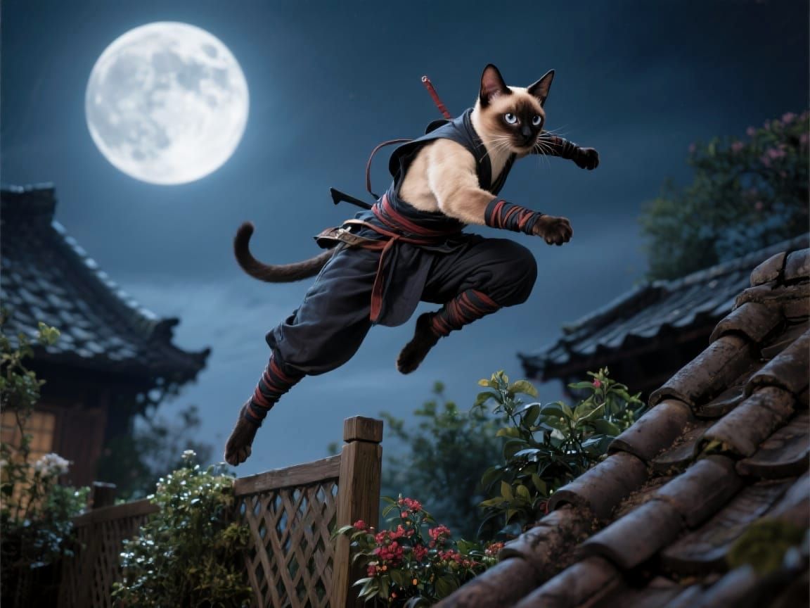 Siamese Cat Ninja Leaping in Moonlight