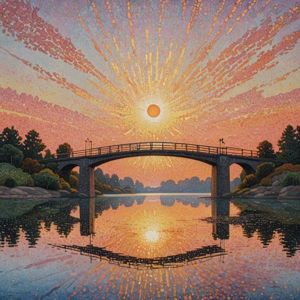 Sunset Bridge: Pointillism Style Digital Art