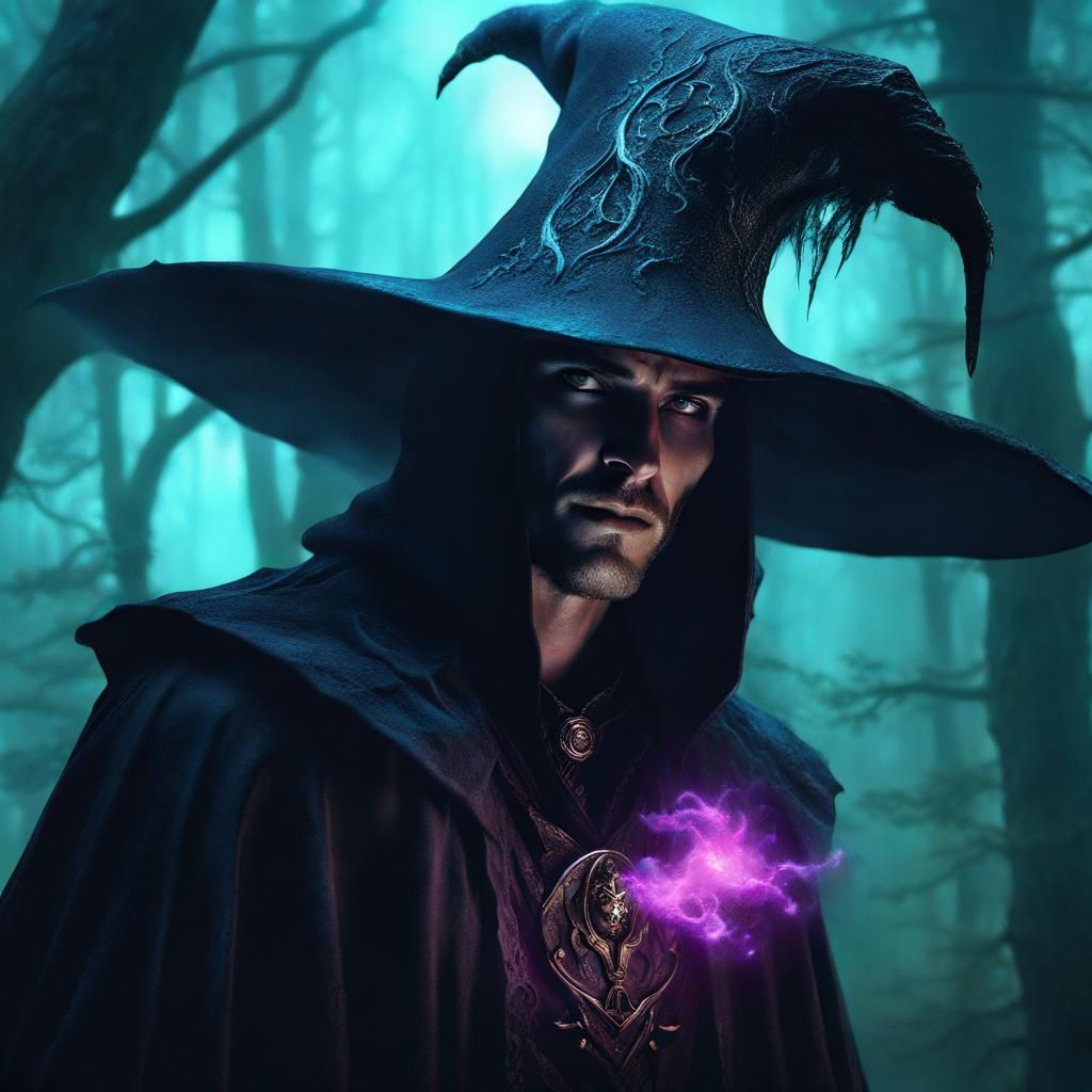 Ethereal Warlock in Bioluminescent Forest, Fantasy Art