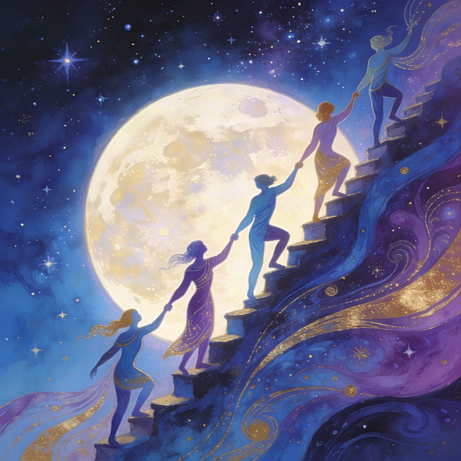 Figures Ascend to Radiant Moon in Magical Realism Style