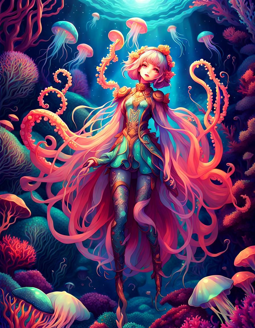 Jellyfish Girl in Psychedelic Anime Style