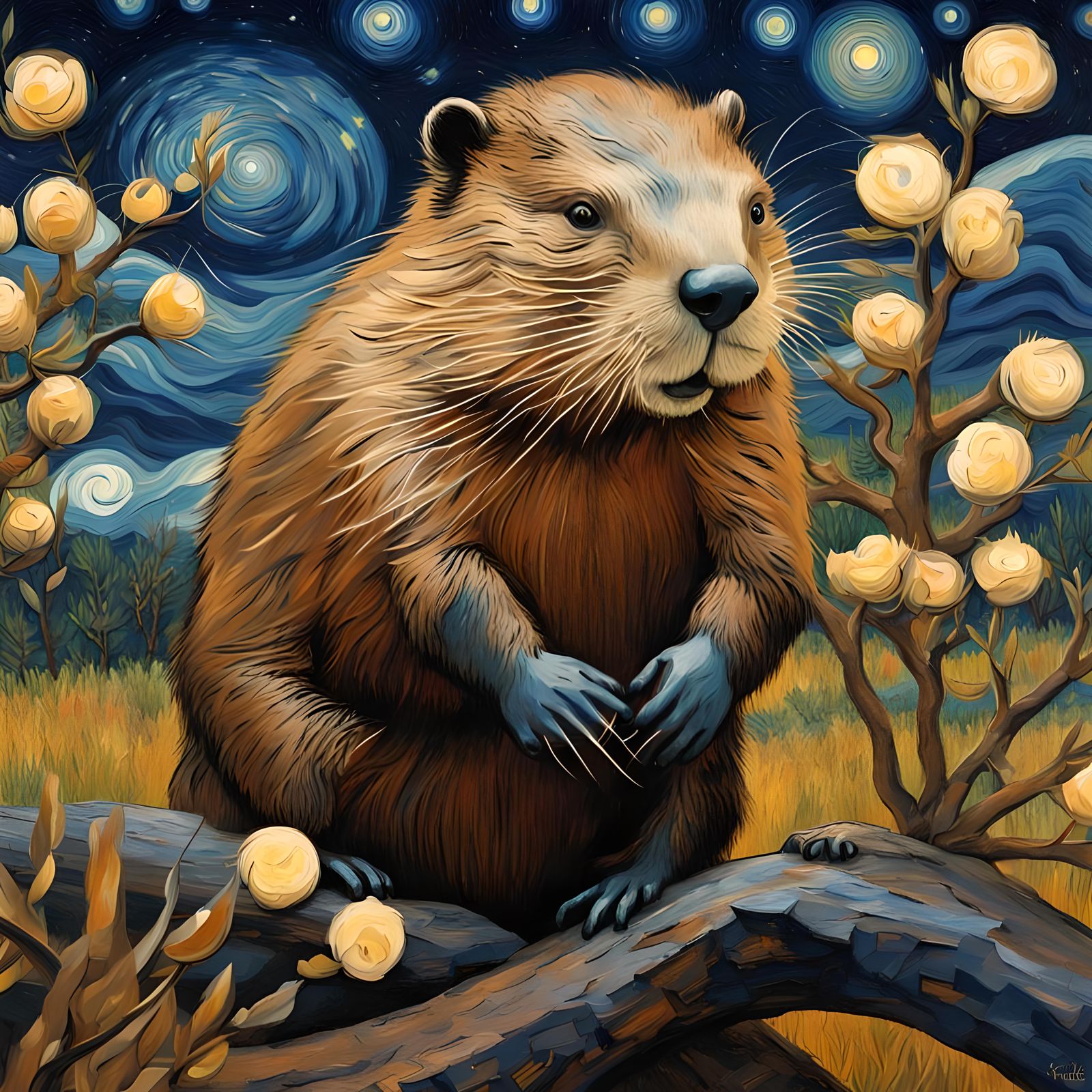 Beaver in Almond Forest, Post-Impressionist Style