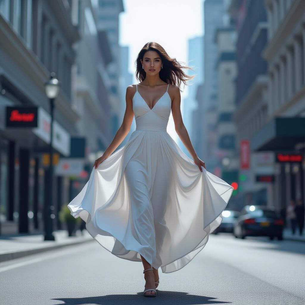 Elegant Woman in Flowing Dress: Monochrome Digital Art