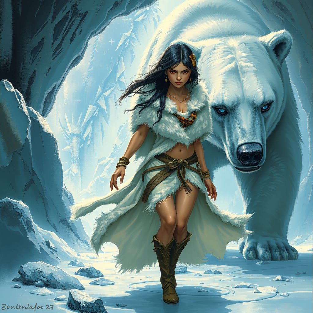 Fierce Cave Girl and Polar Bear in Crystal Cave