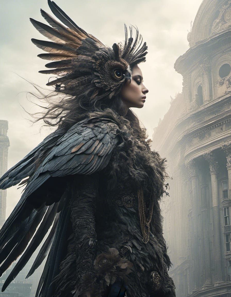 <lora:Vintage Goth:1.0> Long fur covered angelic-owl creatur...