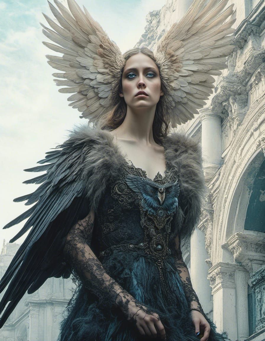 <lora:Vintage Goth:1.0> Long fur covered angelic-owl creatur...