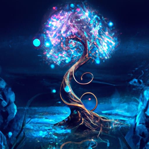 Neon Bioluminescent Tree Inspired by Classical Art