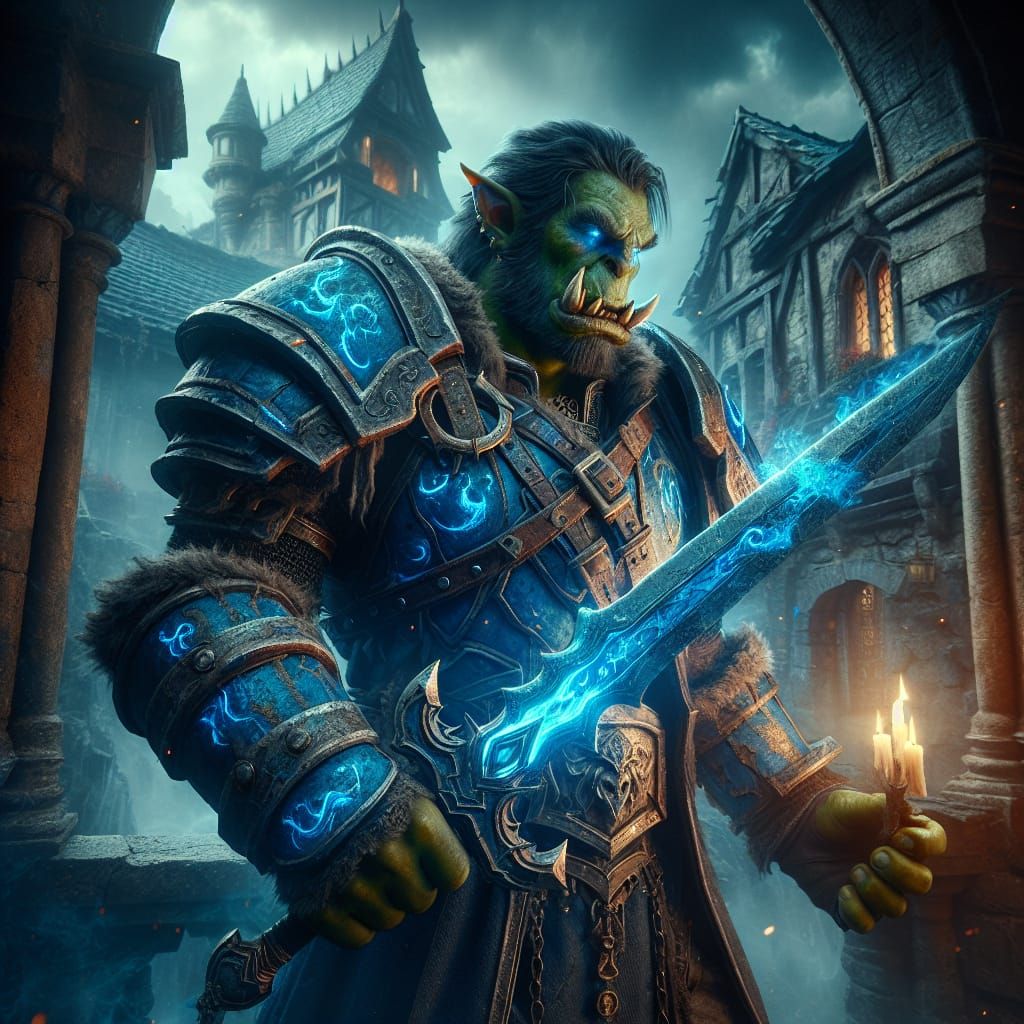 Orcish Hero in Ancient Castle with Magic Armor