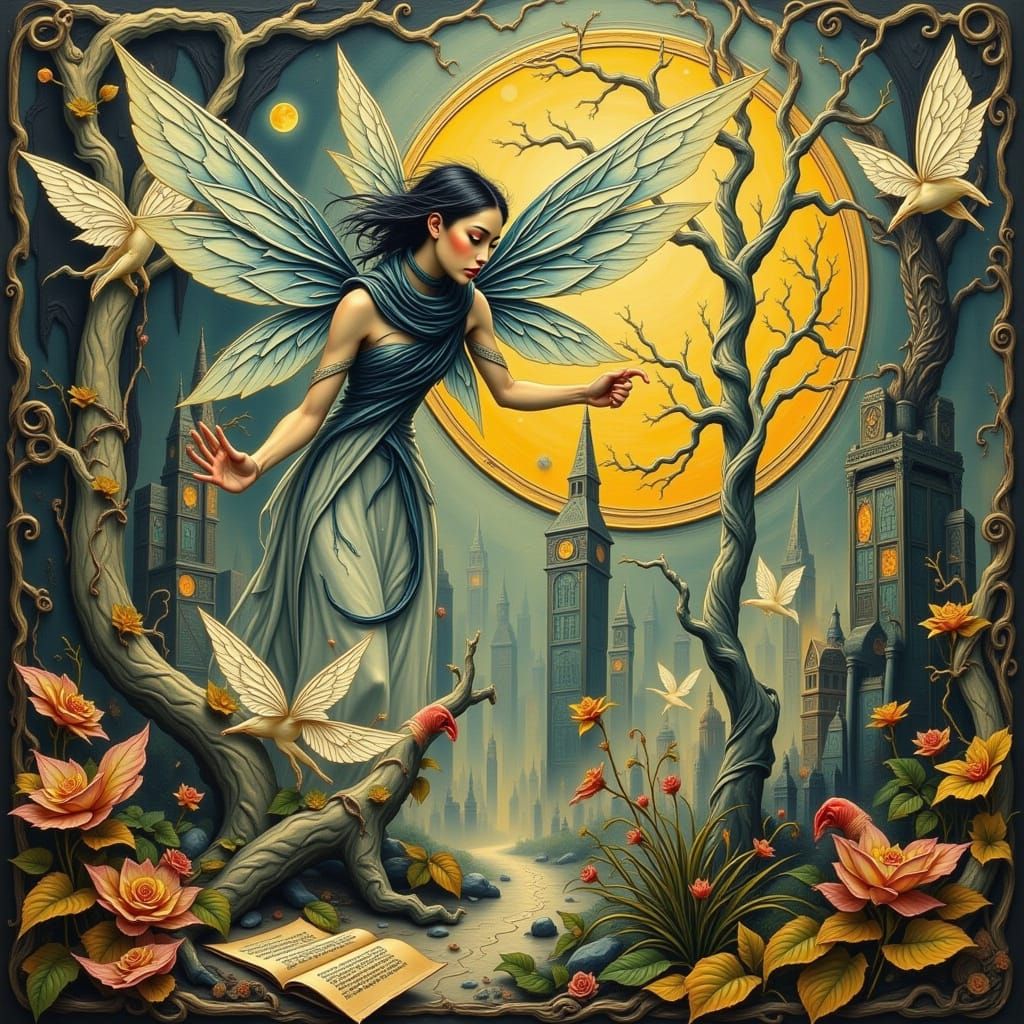 Spectral Birds and Fairy in Impasto Style