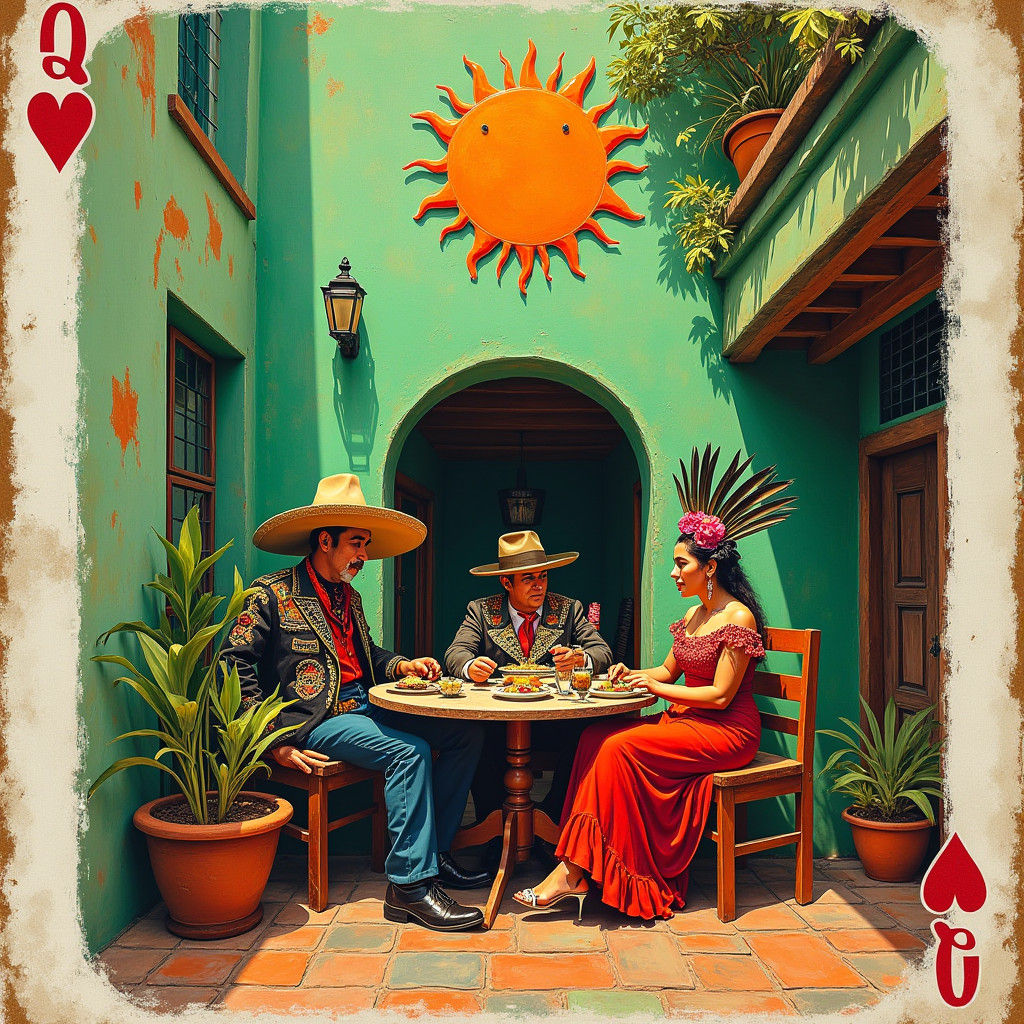 Mexican Hostel on Vintage Playing Card in Gouache Style