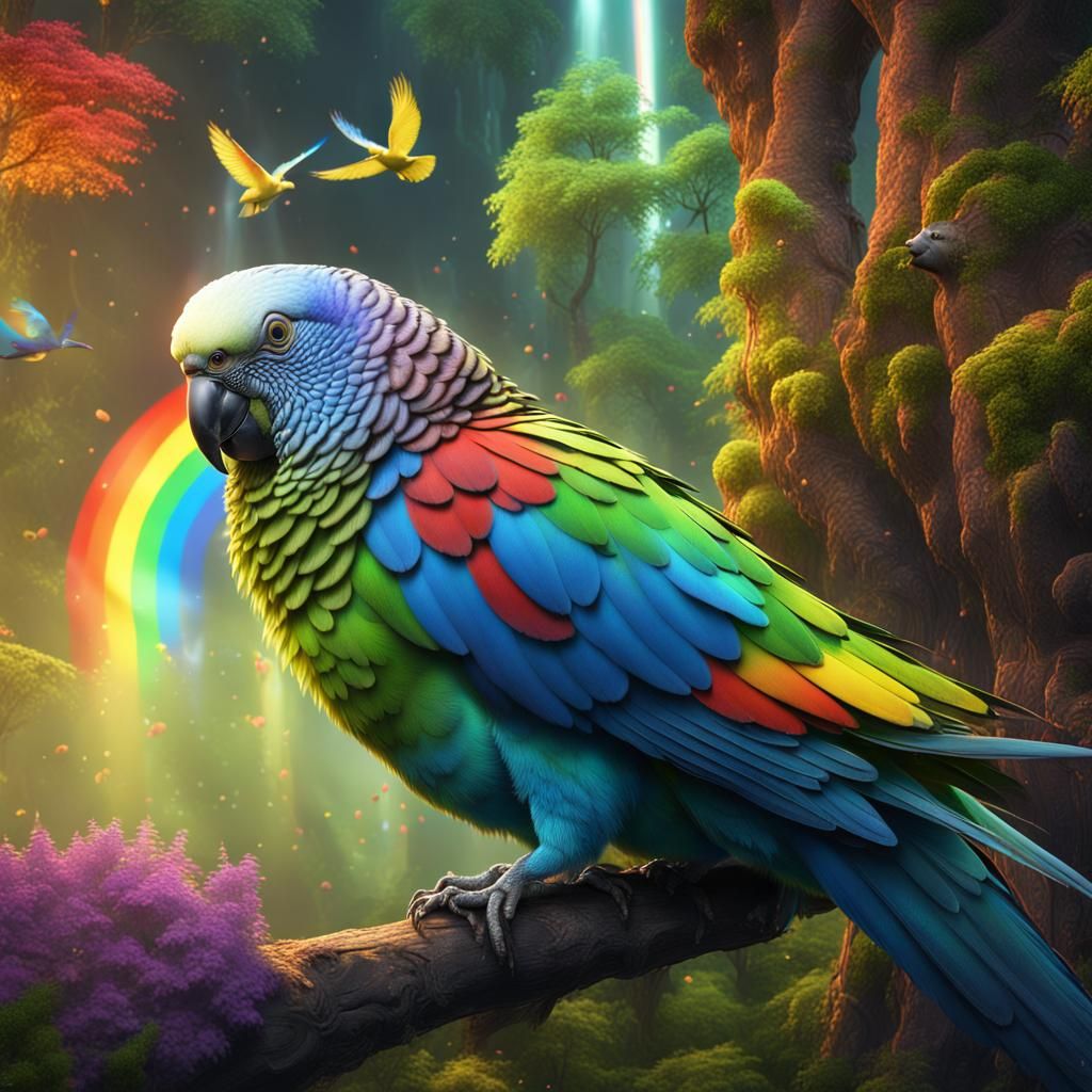 Parakeet in a Fantastical Rainbow Forest