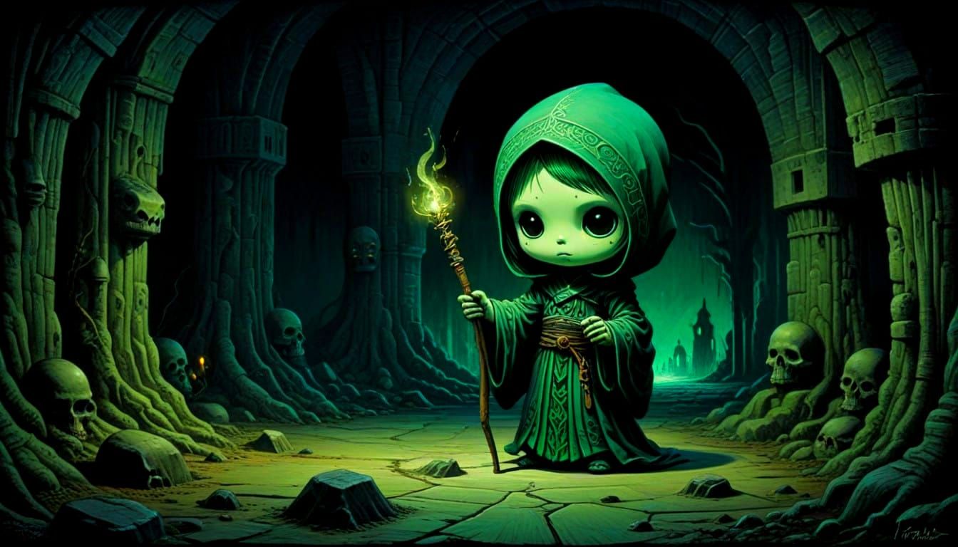 Chibi Dark Fantasy Woodblock Print