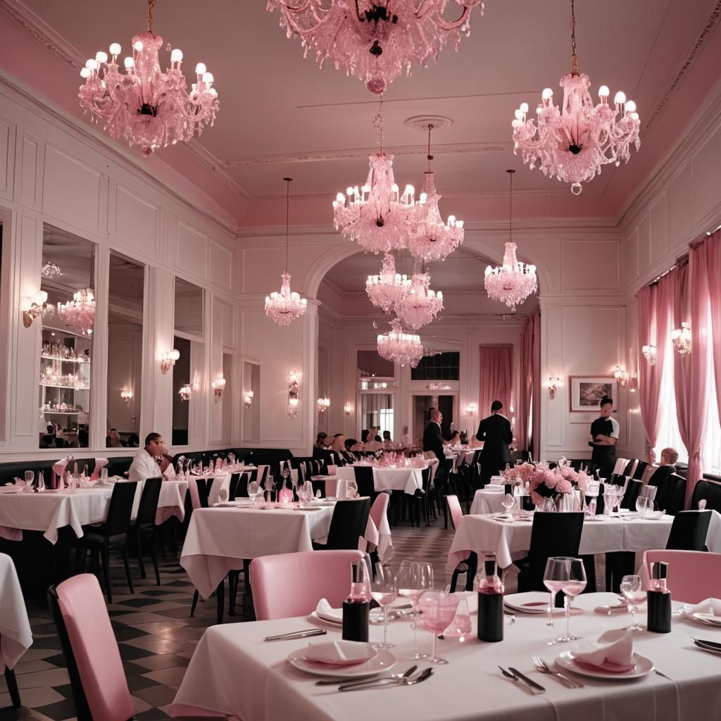 Elegant Café Scene with Crystal Chandeliers