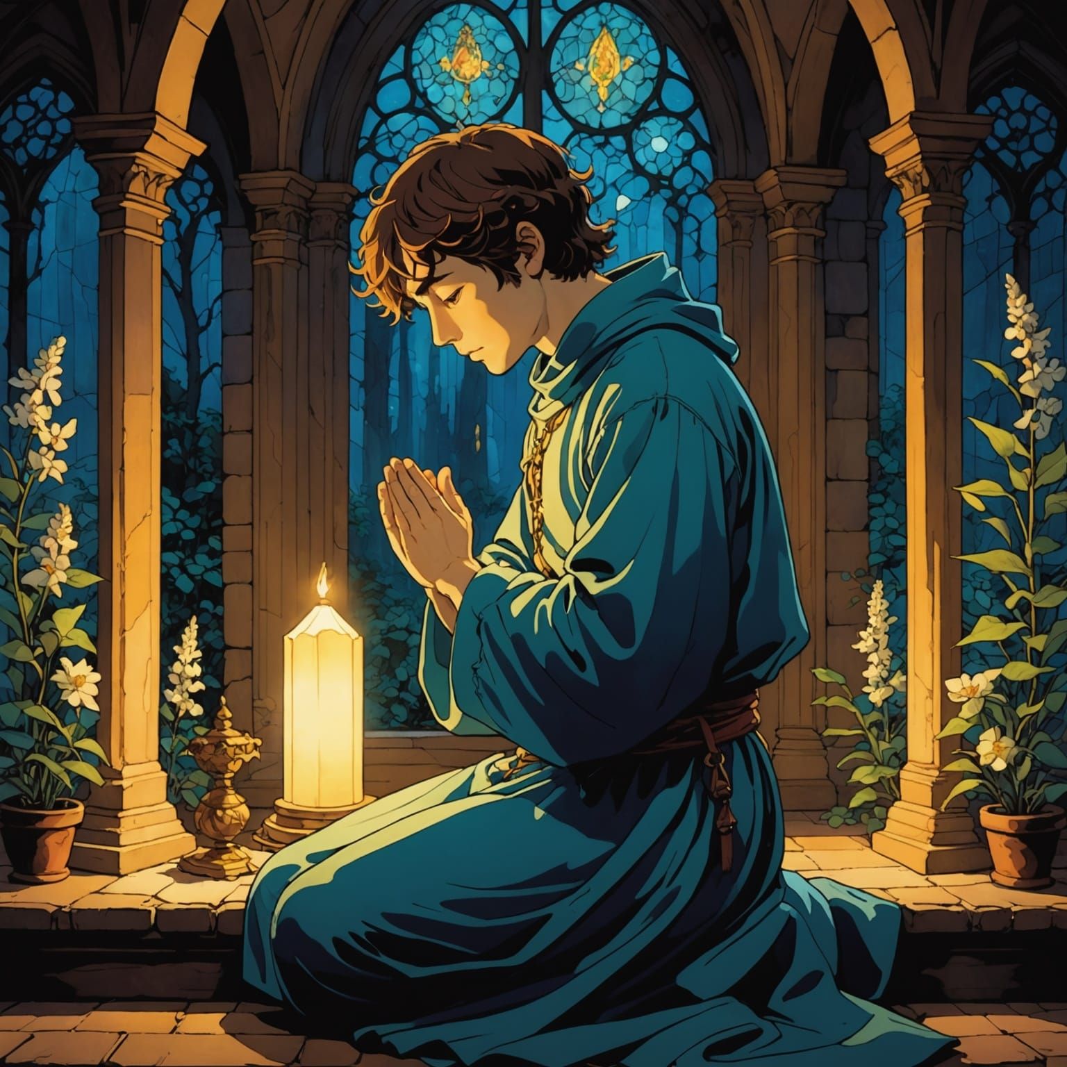 Young Paladin's Prayer in a Chapel, Cartoon Style
