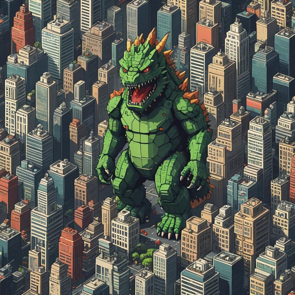 Kaiju Rampage in City: Pixel Art Illustration