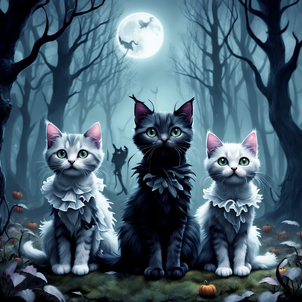 Whimsical Gothic Fairytale Kitten Scene in Soft Pastel Color...