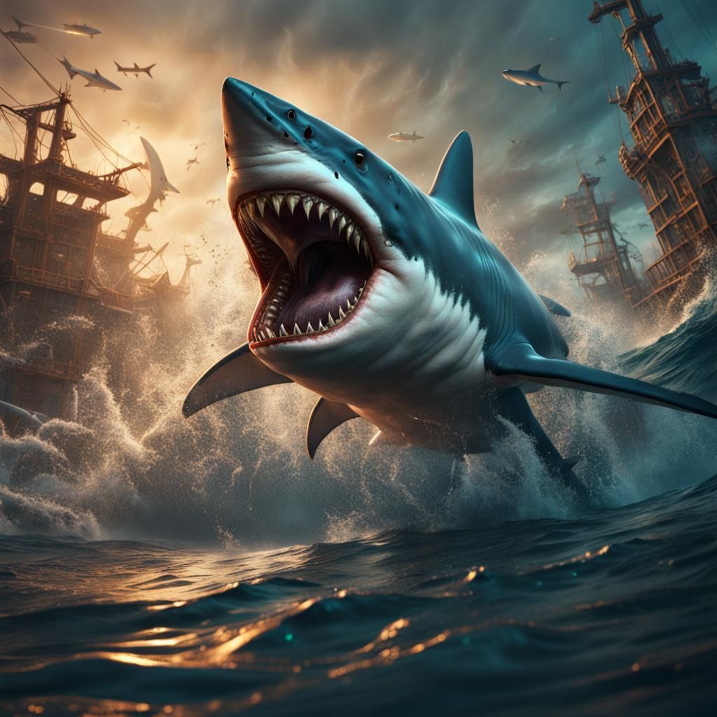 Detailed Shark Attack Matte Painting in Deep Color