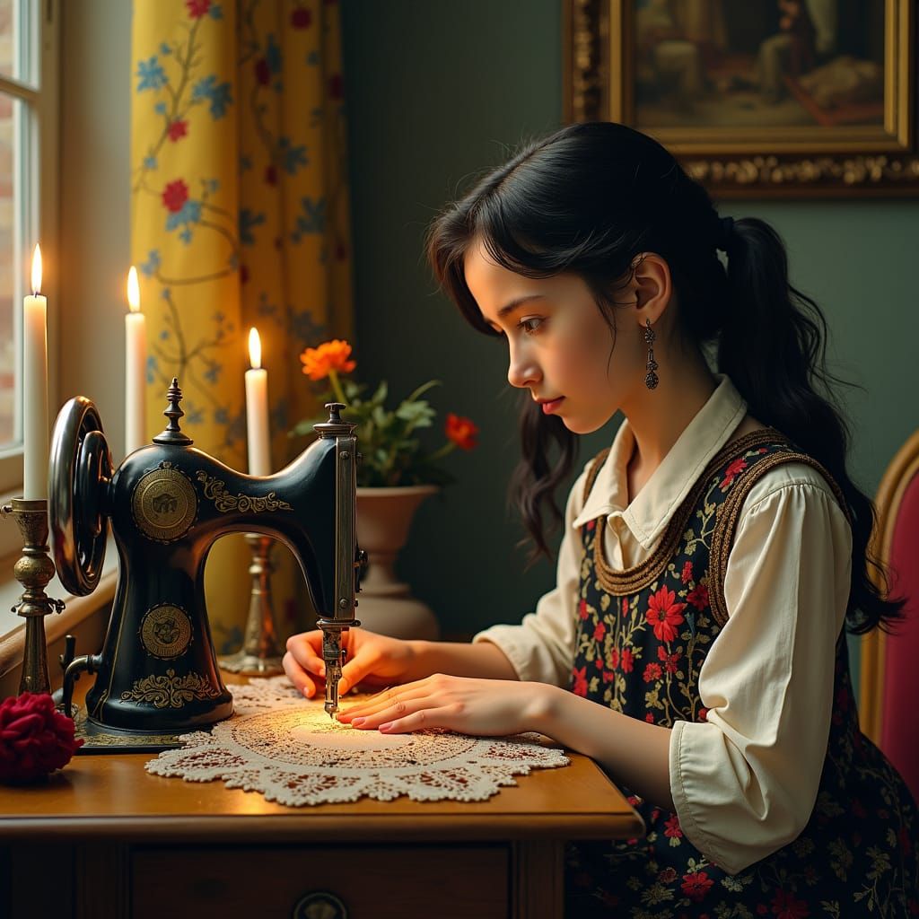 Girl Sewing in Old World Parlor, in Chagall Style