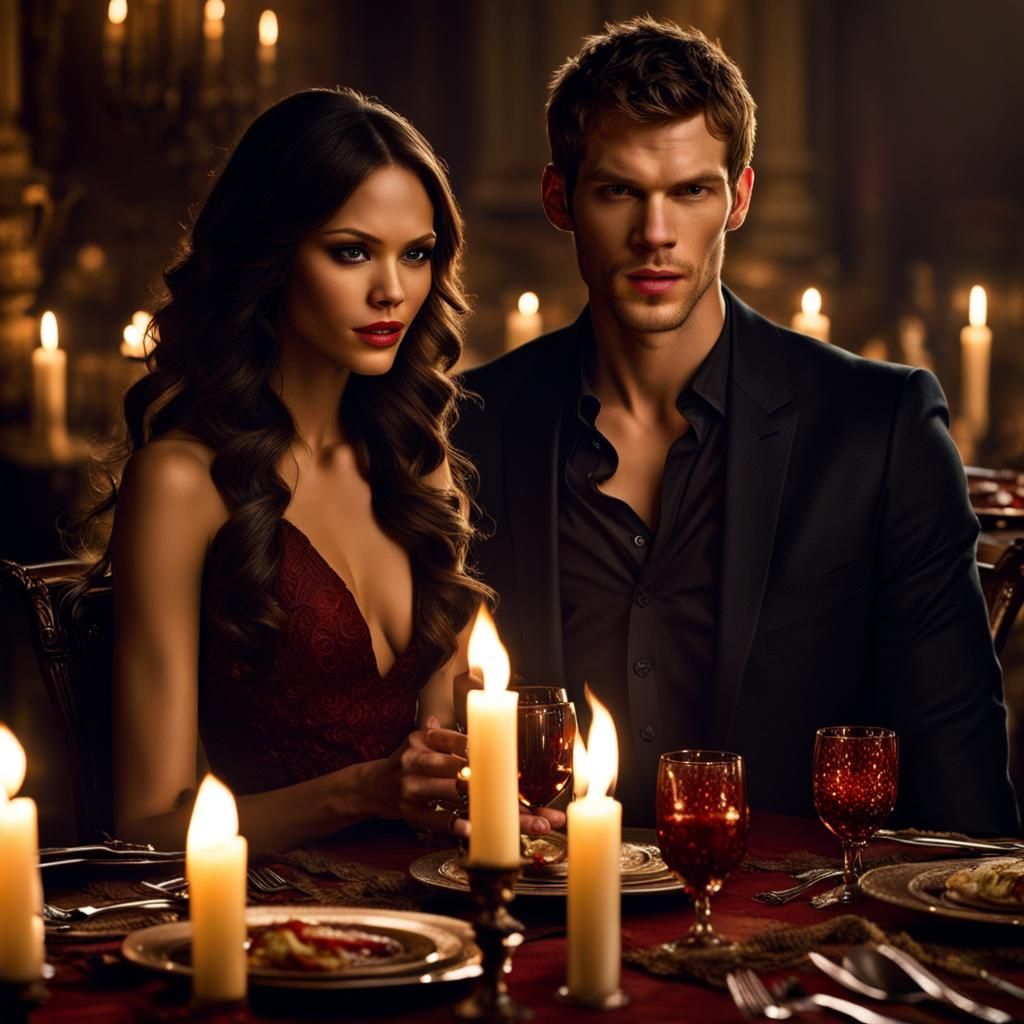 Candlelit Dinner Scene in Vampire Diaries: Hyperrealistic Im...